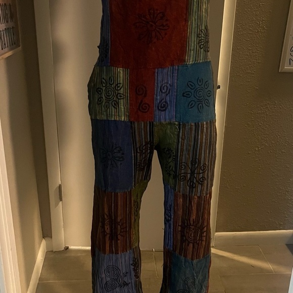 NWT patchwork overalls by windhorse adjustable size boho style pants - Picture 4 of 13